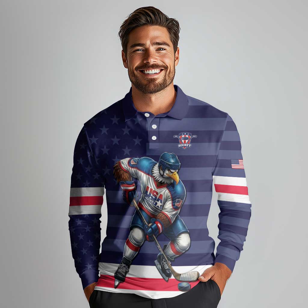 Custom USA Ice Hockey Long Sleeve Polo Shirt United States Eagle Mascot Style