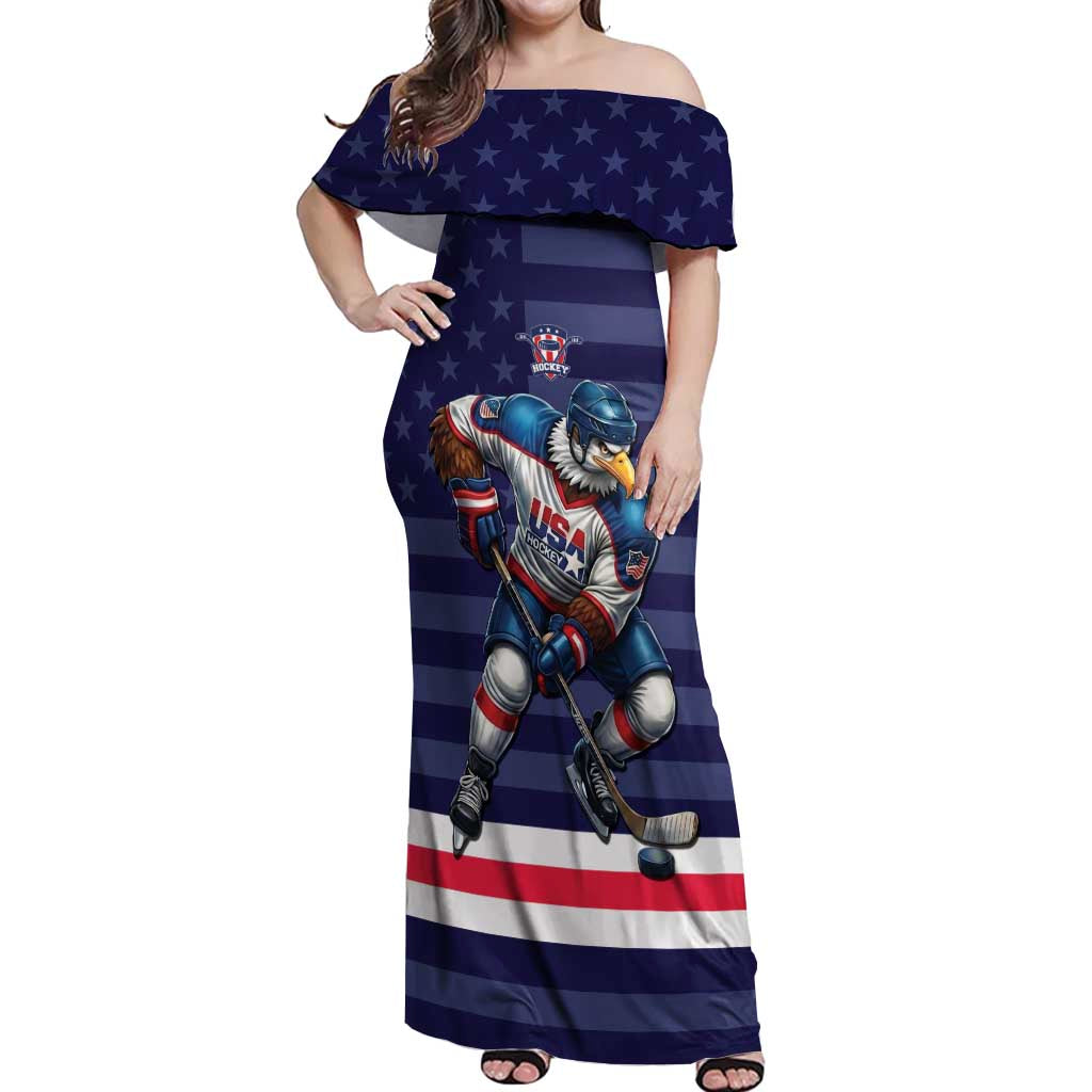 Custom USA Ice Hockey Off Shoulder Maxi Dress United States Eagle Mascot Style
