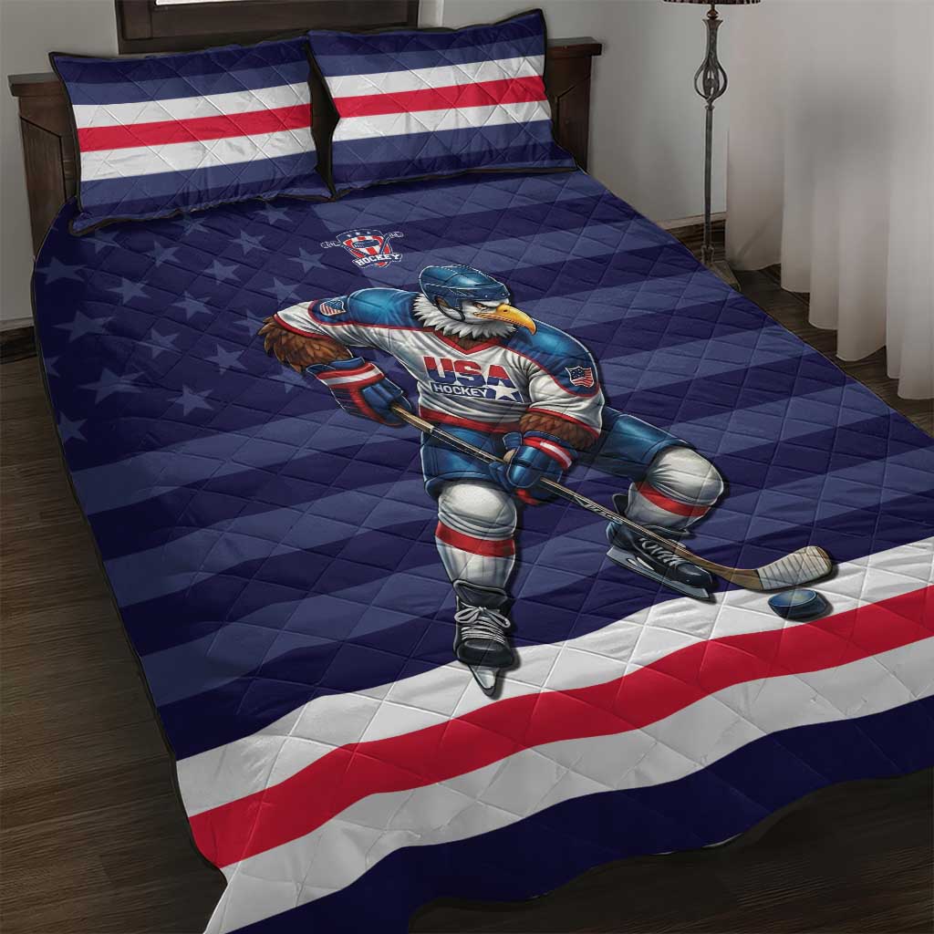 USA Ice Hockey Quilt Bed Set United States Eagle Mascot Style
