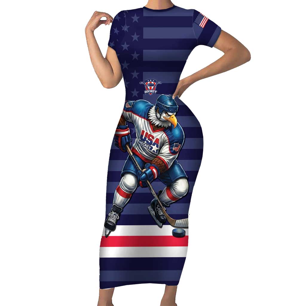 Custom USA Ice Hockey Short Sleeve Bodycon Dress United States Eagle Mascot Style