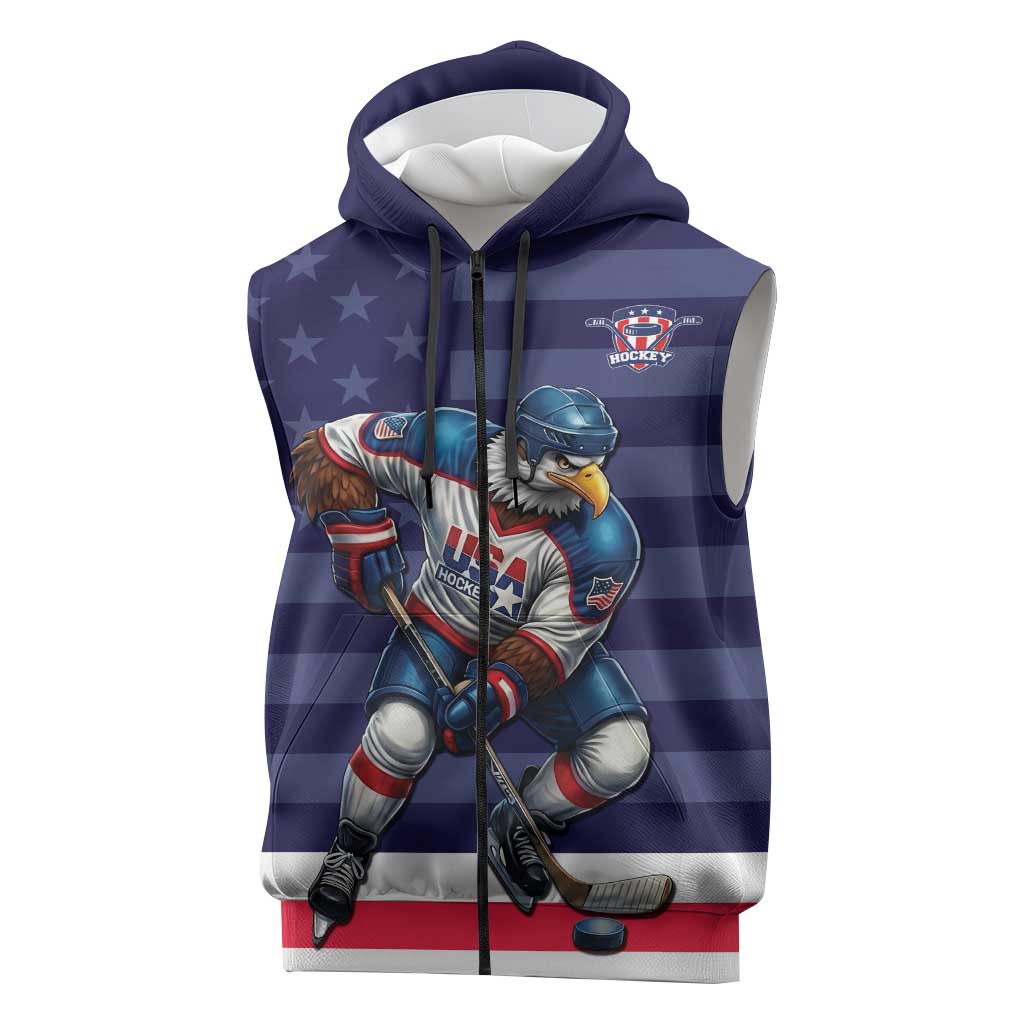 Custom USA Ice Hockey Sleeveless Zip Hoodie United States Eagle Mascot Style
