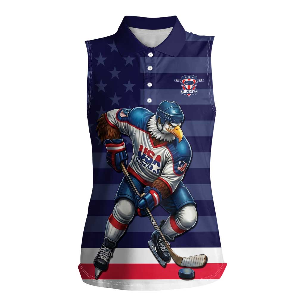 Custom USA Ice Hockey Women Sleeveless Polo Shirt United States Eagle Mascot Style