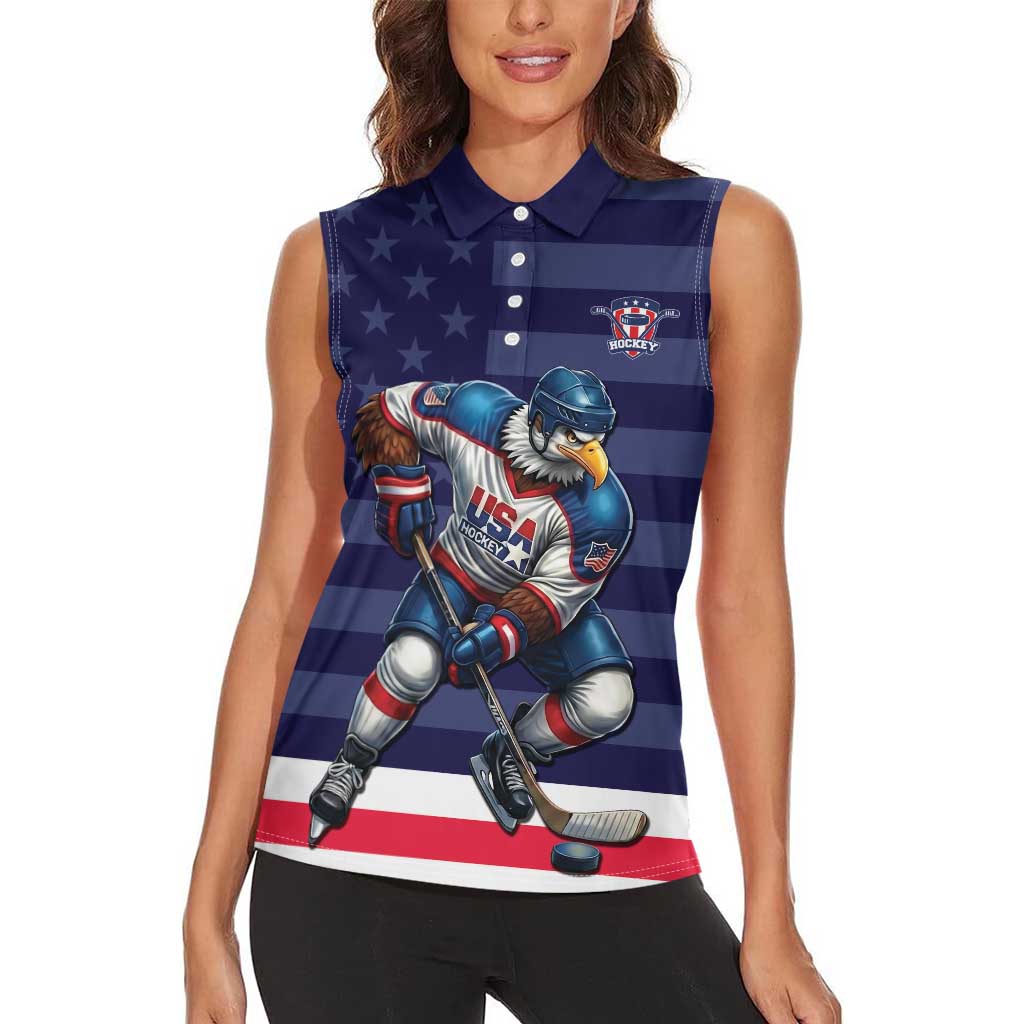 Custom USA Ice Hockey Women Sleeveless Polo Shirt United States Eagle Mascot Style