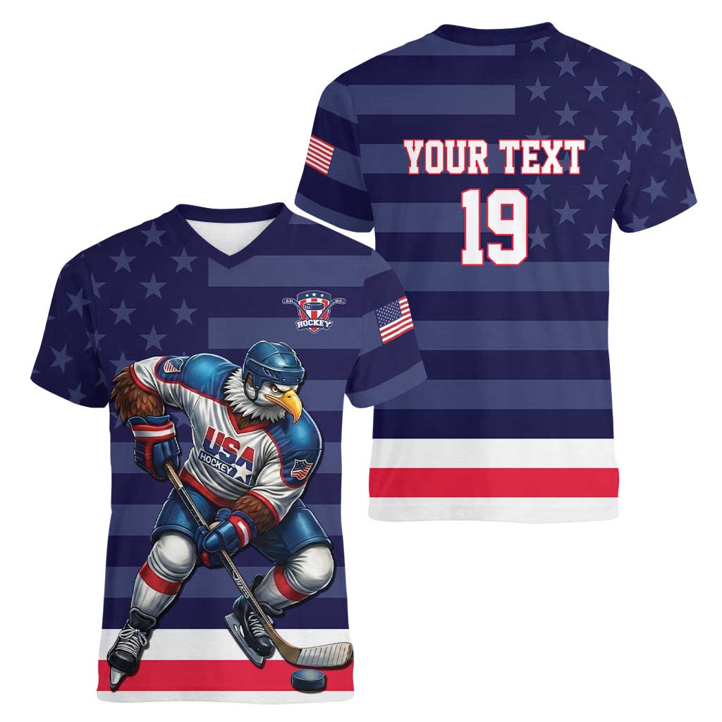 Custom USA Ice Hockey Women V-Neck T-Shirt United States Eagle Mascot Style
