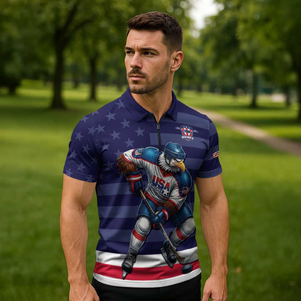 Custom USA Ice Hockey Zipper Polo Shirt United States Eagle Mascot Style