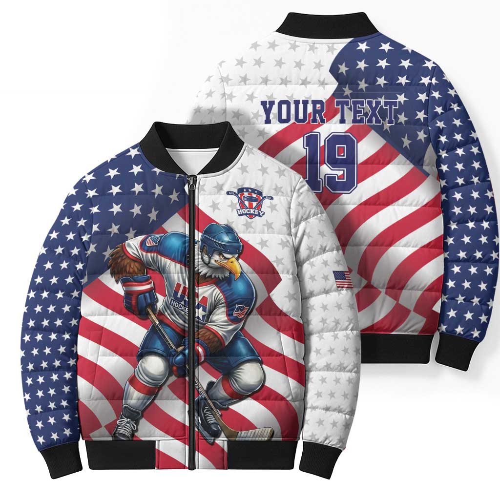 Custom USA Ice Hockey Bomber Puffer Jacket Eagle Mascot Stars and Stripes Design