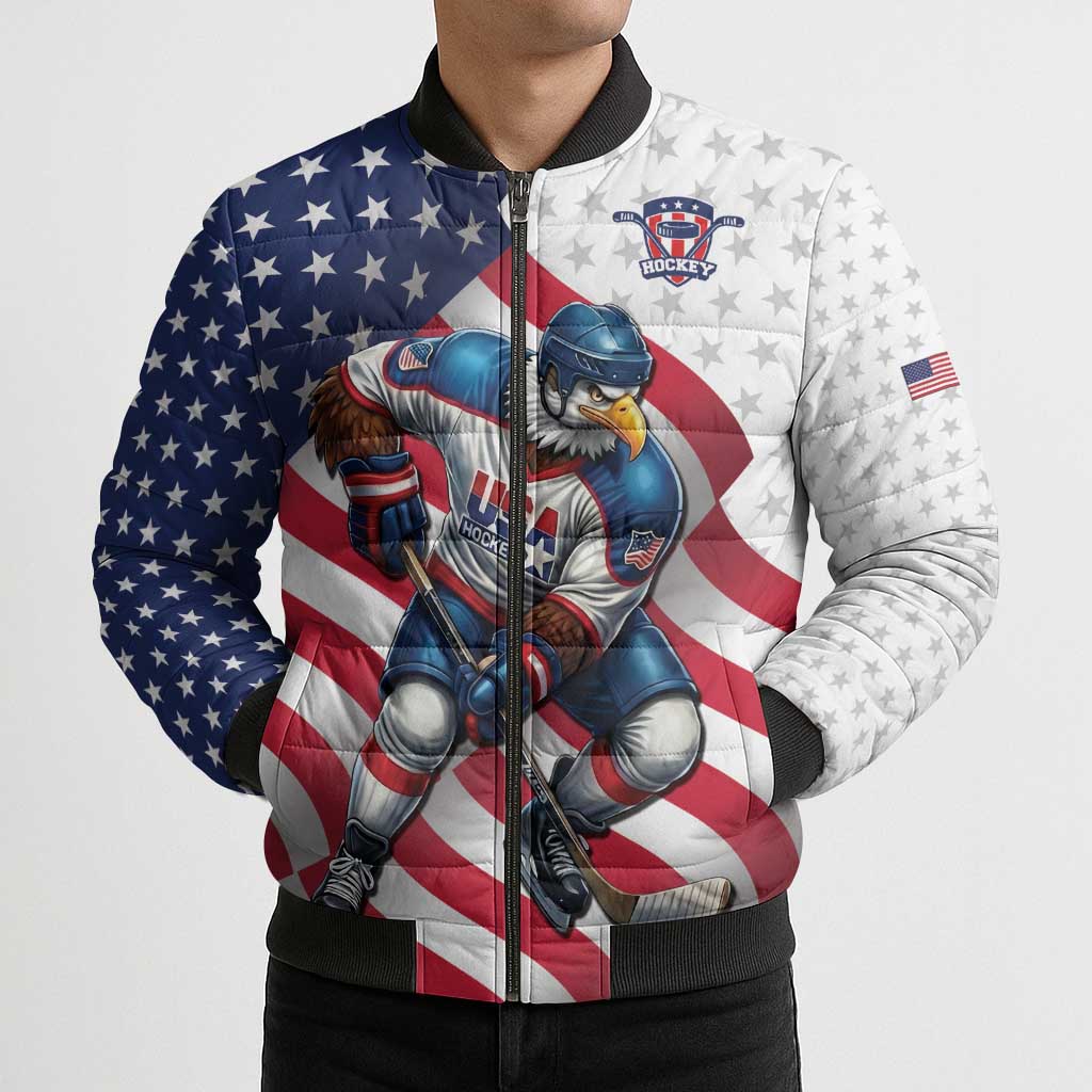 Custom USA Ice Hockey Bomber Puffer Jacket Eagle Mascot Stars and Stripes Design