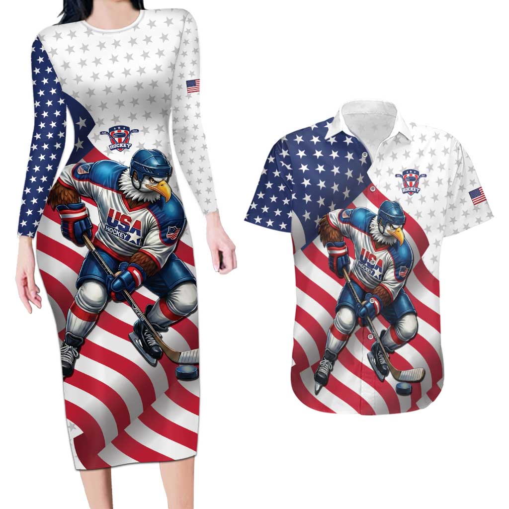 Custom USA Ice Hockey Couples Matching Long Sleeve Bodycon Dress and Hawaiian Shirt Eagle Mascot Stars and Stripes Design