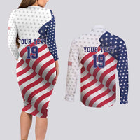 Custom USA Ice Hockey Couples Matching Long Sleeve Bodycon Dress and Long Sleeve Button Shirt Eagle Mascot Stars and Stripes Design