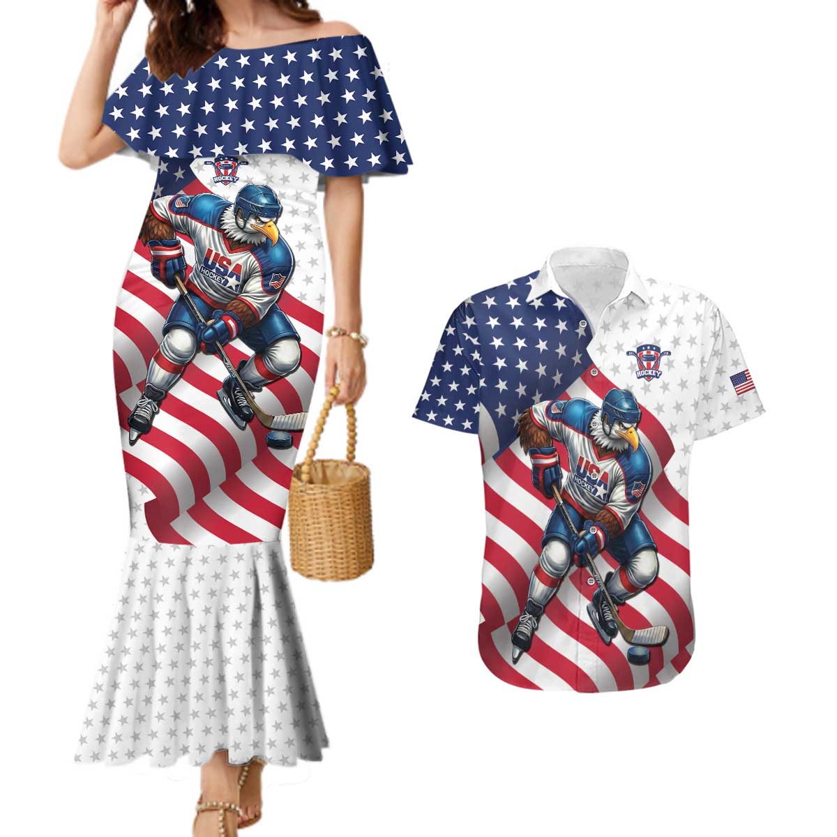 Custom USA Ice Hockey Couples Matching Mermaid Dress and Hawaiian Shirt Eagle Mascot Stars and Stripes Design
