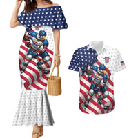 Custom USA Ice Hockey Couples Matching Mermaid Dress and Hawaiian Shirt Eagle Mascot Stars and Stripes Design