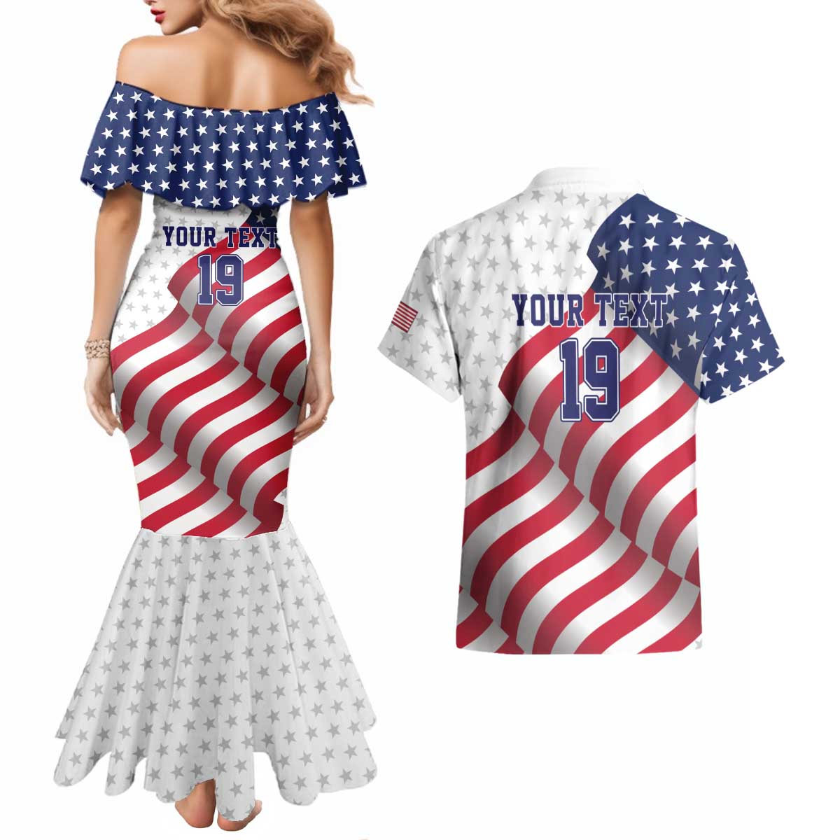 Custom USA Ice Hockey Couples Matching Mermaid Dress and Hawaiian Shirt Eagle Mascot Stars and Stripes Design