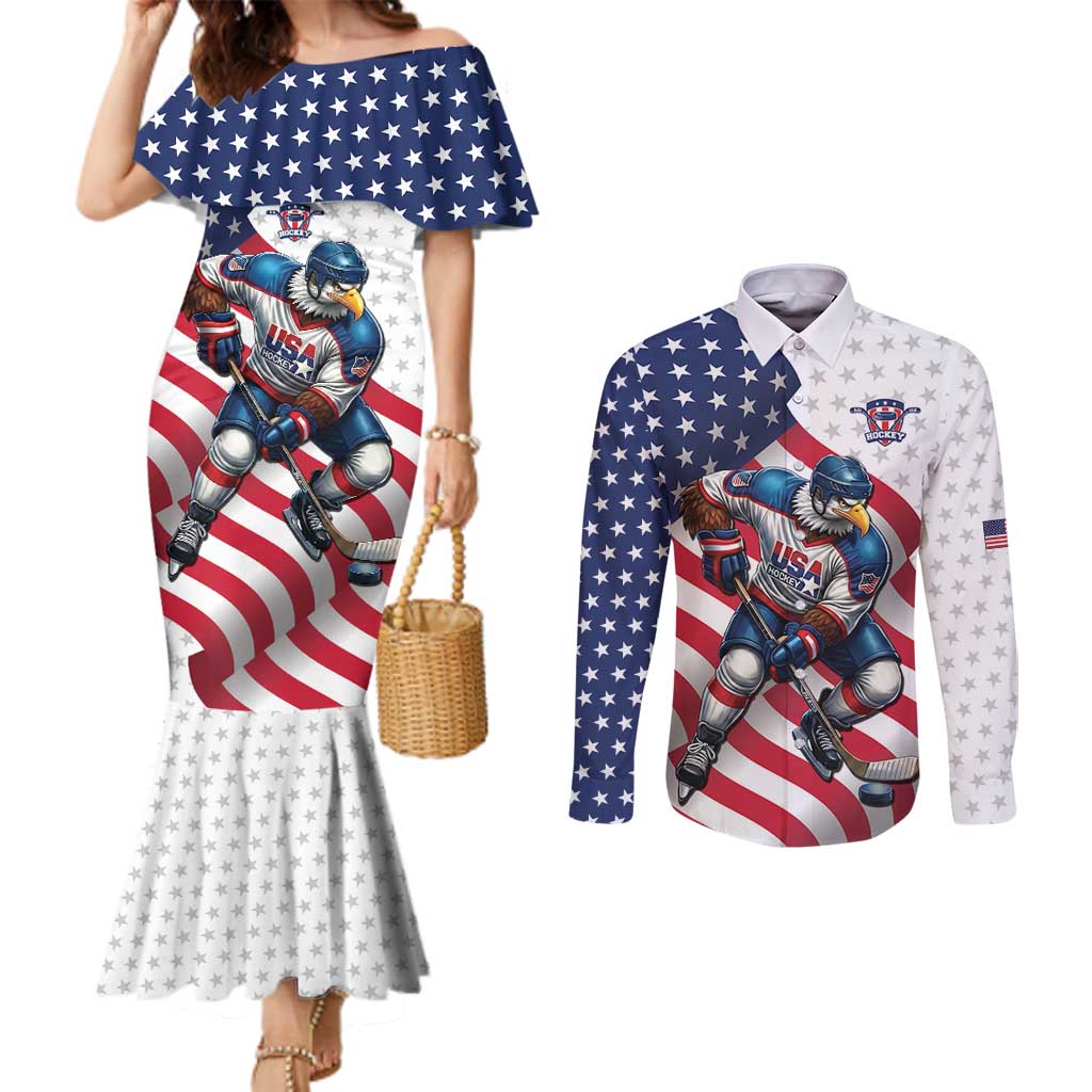 Custom USA Ice Hockey Couples Matching Mermaid Dress and Long Sleeve Button Shirt Eagle Mascot Stars and Stripes Design