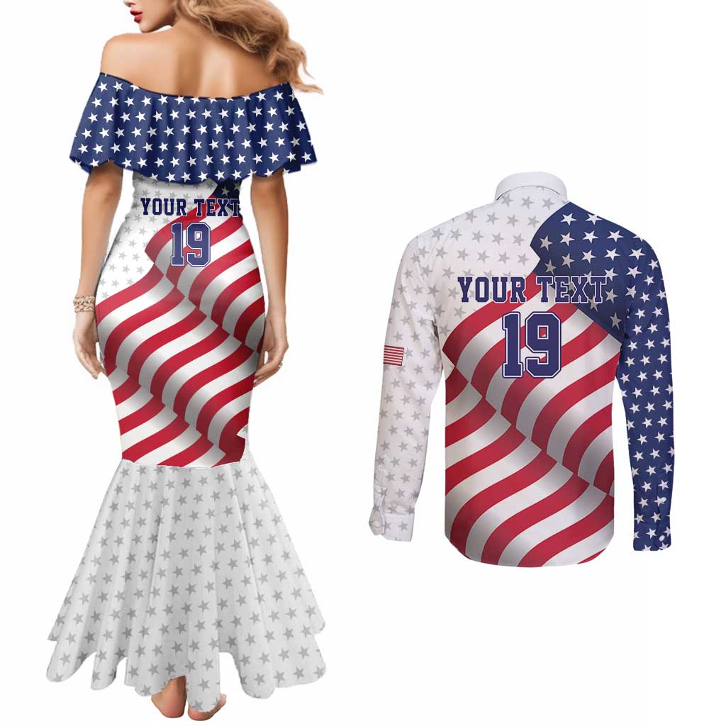 Custom USA Ice Hockey Couples Matching Mermaid Dress and Long Sleeve Button Shirt Eagle Mascot Stars and Stripes Design