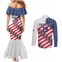 Custom USA Ice Hockey Couples Matching Mermaid Dress and Long Sleeve Button Shirt Eagle Mascot Stars and Stripes Design