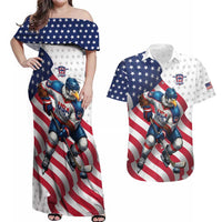 Custom USA Ice Hockey Couples Matching Off Shoulder Maxi Dress and Hawaiian Shirt Eagle Mascot Stars and Stripes Design
