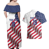Custom USA Ice Hockey Couples Matching Off Shoulder Maxi Dress and Hawaiian Shirt Eagle Mascot Stars and Stripes Design