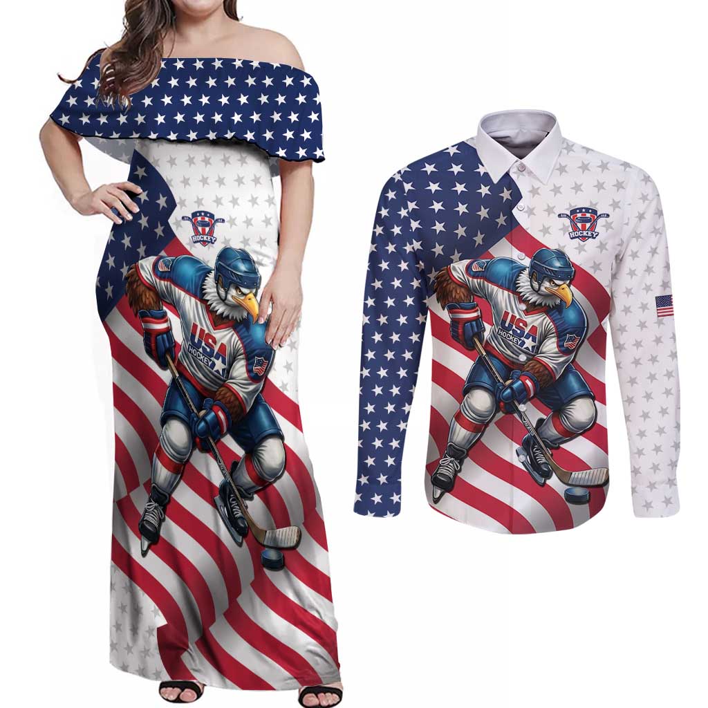 Custom USA Ice Hockey Couples Matching Off Shoulder Maxi Dress and Long Sleeve Button Shirt Eagle Mascot Stars and Stripes Design