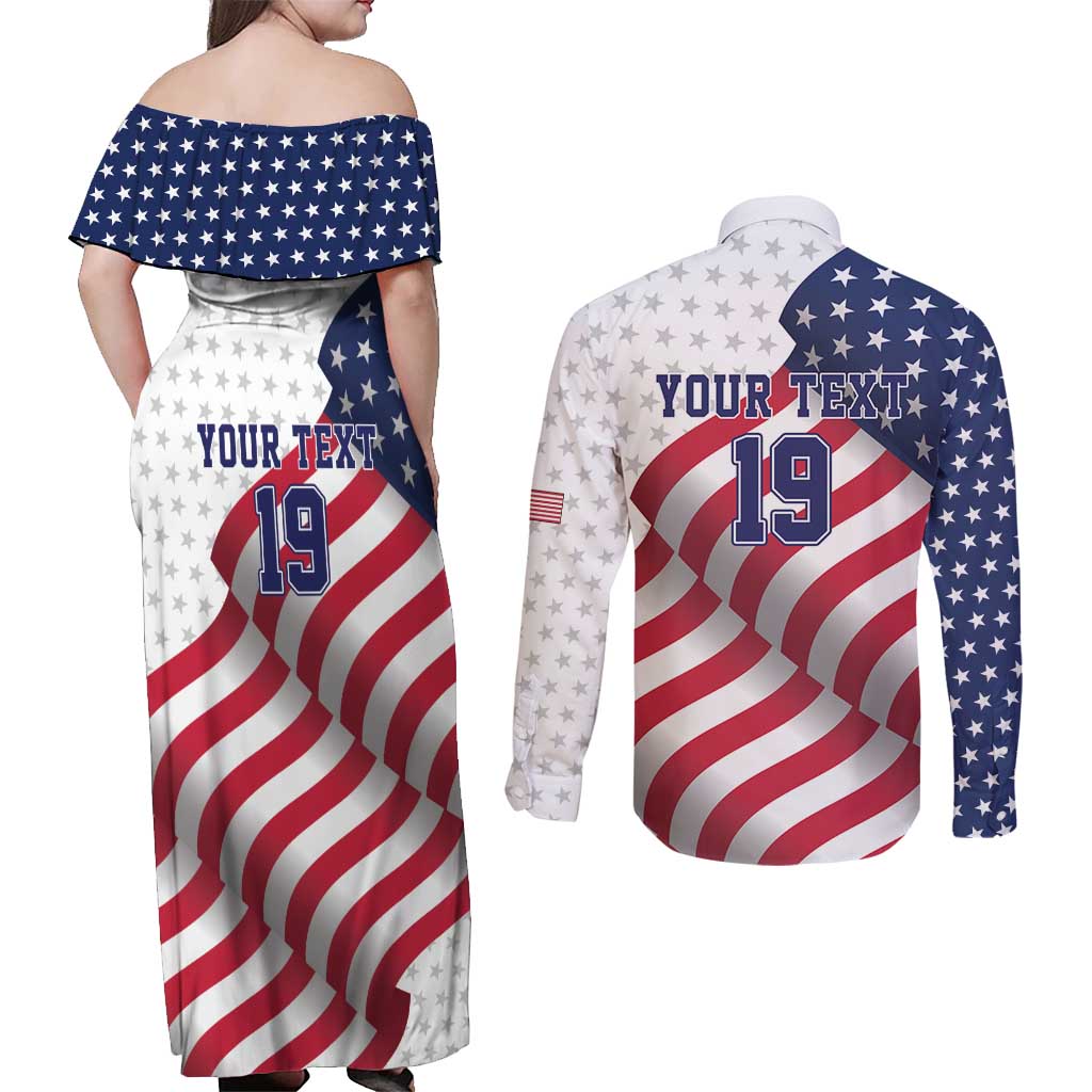 Custom USA Ice Hockey Couples Matching Off Shoulder Maxi Dress and Long Sleeve Button Shirt Eagle Mascot Stars and Stripes Design