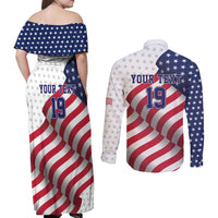 Custom USA Ice Hockey Couples Matching Off Shoulder Maxi Dress and Long Sleeve Button Shirt Eagle Mascot Stars and Stripes Design