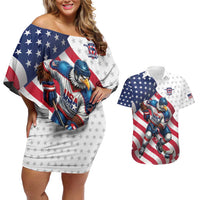 Custom USA Ice Hockey Couples Matching Off Shoulder Short Dress and Hawaiian Shirt Eagle Mascot Stars and Stripes Design