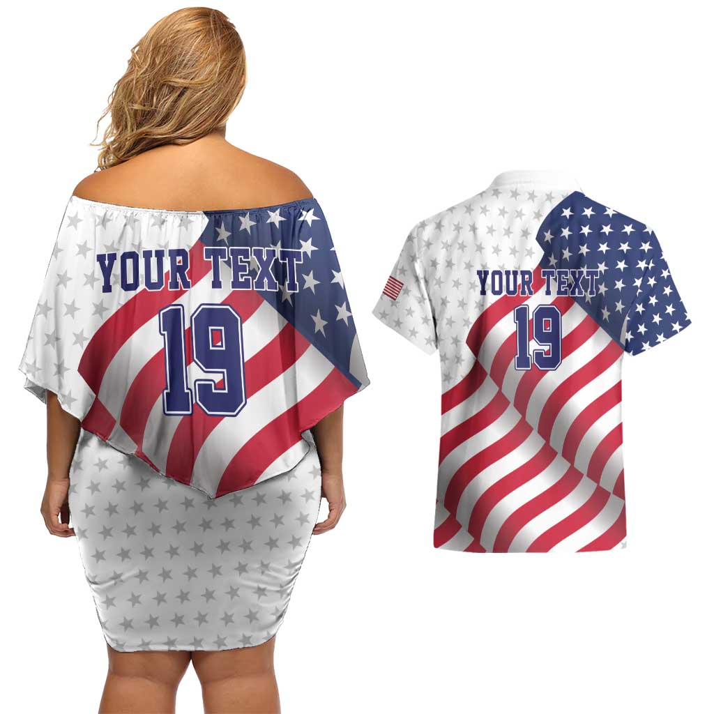 Custom USA Ice Hockey Couples Matching Off Shoulder Short Dress and Hawaiian Shirt Eagle Mascot Stars and Stripes Design