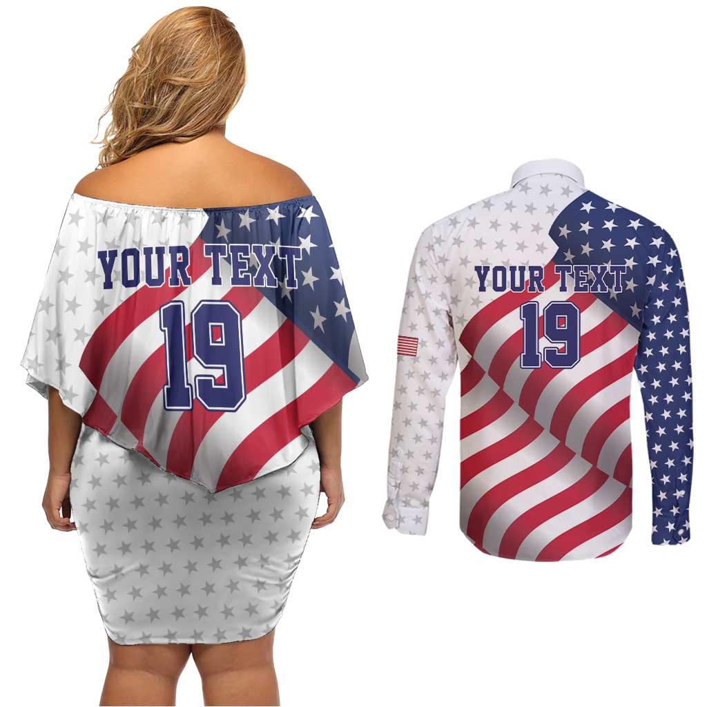 Custom USA Ice Hockey Couples Matching Off Shoulder Short Dress and Long Sleeve Button Shirt Eagle Mascot Stars and Stripes Design