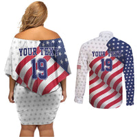 Custom USA Ice Hockey Couples Matching Off Shoulder Short Dress and Long Sleeve Button Shirt Eagle Mascot Stars and Stripes Design
