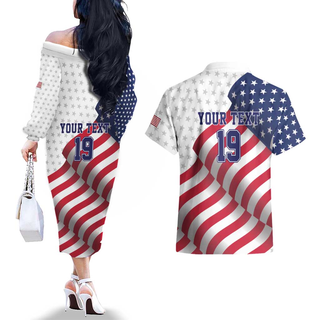 Custom USA Ice Hockey Couples Matching Off The Shoulder Long Sleeve Dress and Hawaiian Shirt Eagle Mascot Stars and Stripes Design