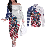 Custom USA Ice Hockey Couples Matching Off The Shoulder Long Sleeve Dress and Long Sleeve Button Shirt Eagle Mascot Stars and Stripes Design