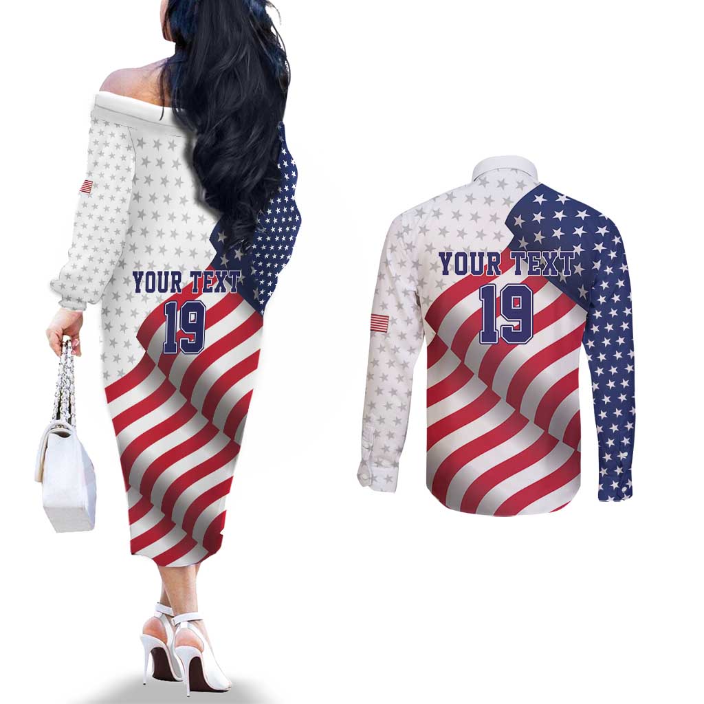 Custom USA Ice Hockey Couples Matching Off The Shoulder Long Sleeve Dress and Long Sleeve Button Shirt Eagle Mascot Stars and Stripes Design