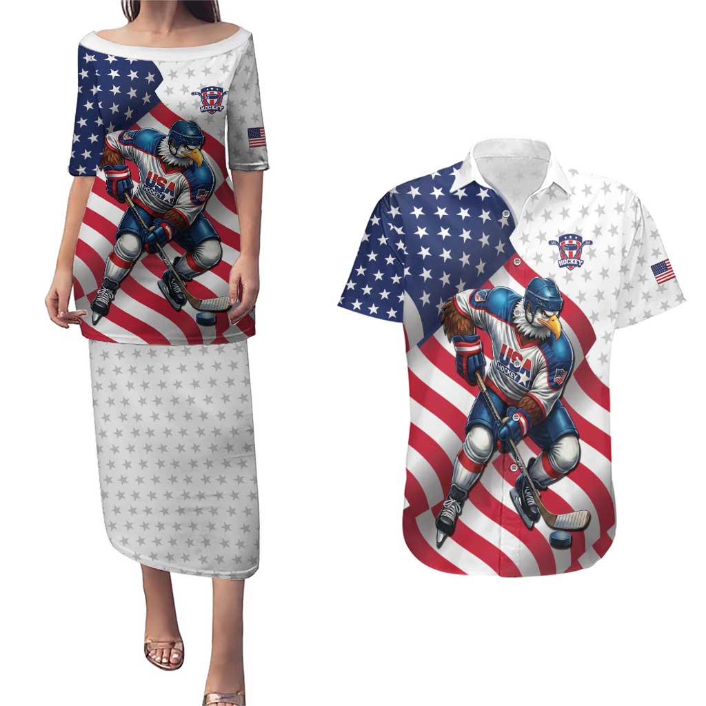 Custom USA Ice Hockey Couples Matching Puletasi and Hawaiian Shirt Eagle Mascot Stars and Stripes Design