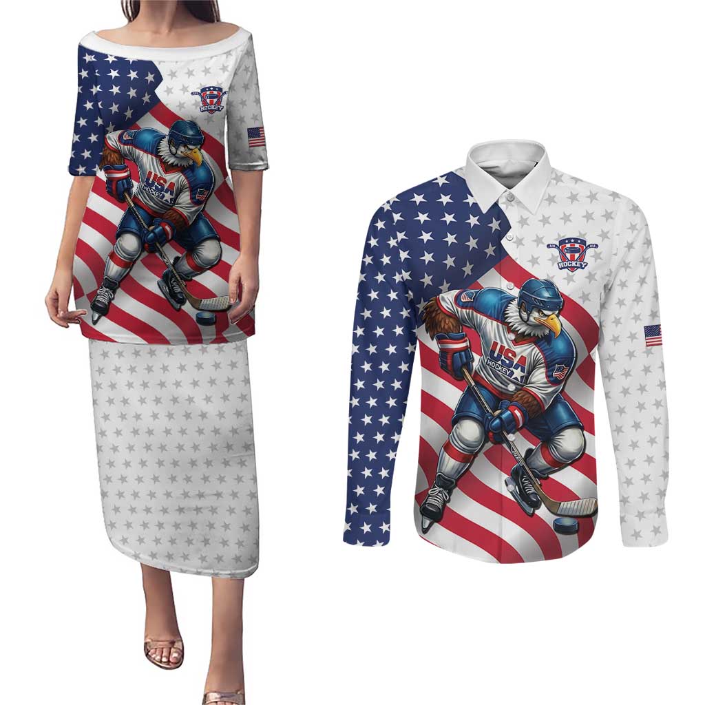 Custom USA Ice Hockey Couples Matching Puletasi and Long Sleeve Button Shirt Eagle Mascot Stars and Stripes Design