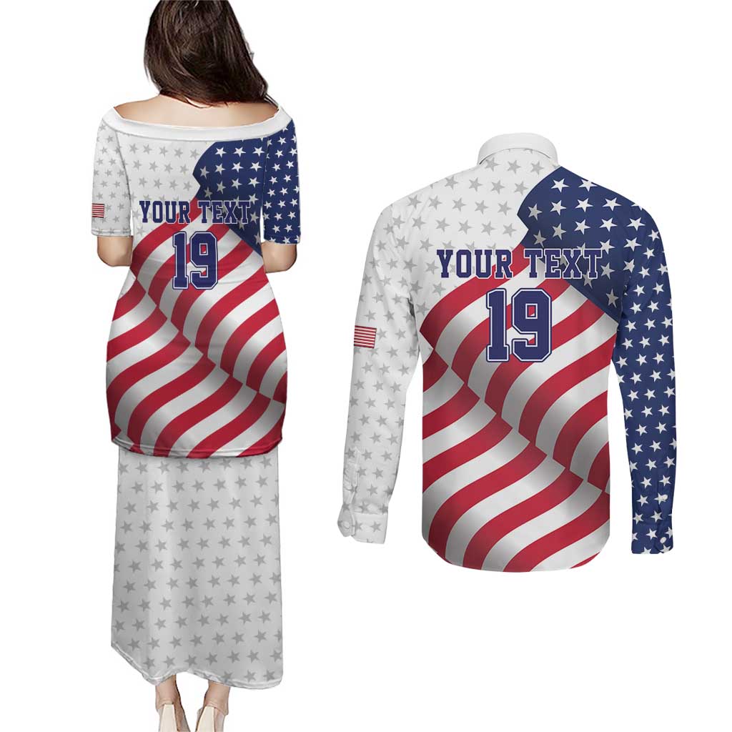 Custom USA Ice Hockey Couples Matching Puletasi and Long Sleeve Button Shirt Eagle Mascot Stars and Stripes Design