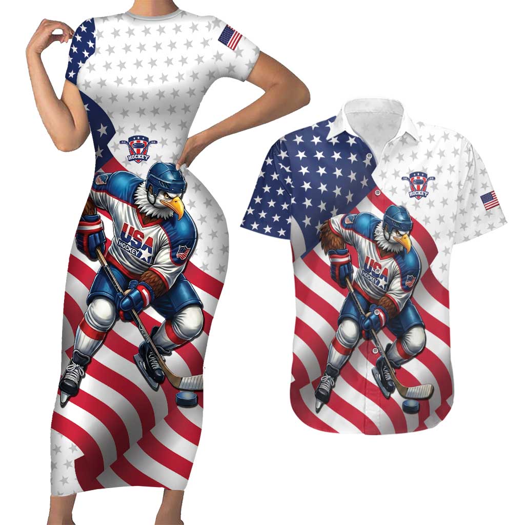 Custom USA Ice Hockey Couples Matching Short Sleeve Bodycon Dress and Hawaiian Shirt Eagle Mascot Stars and Stripes Design