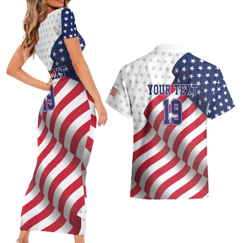 Custom USA Ice Hockey Couples Matching Short Sleeve Bodycon Dress and Hawaiian Shirt Eagle Mascot Stars and Stripes Design