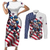 Custom USA Ice Hockey Couples Matching Short Sleeve Bodycon Dress and Long Sleeve Button Shirt Eagle Mascot Stars and Stripes Design