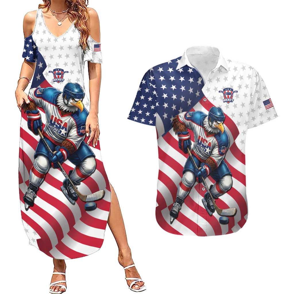 Custom USA Ice Hockey Couples Matching Summer Maxi Dress and Hawaiian Shirt Eagle Mascot Stars and Stripes Design