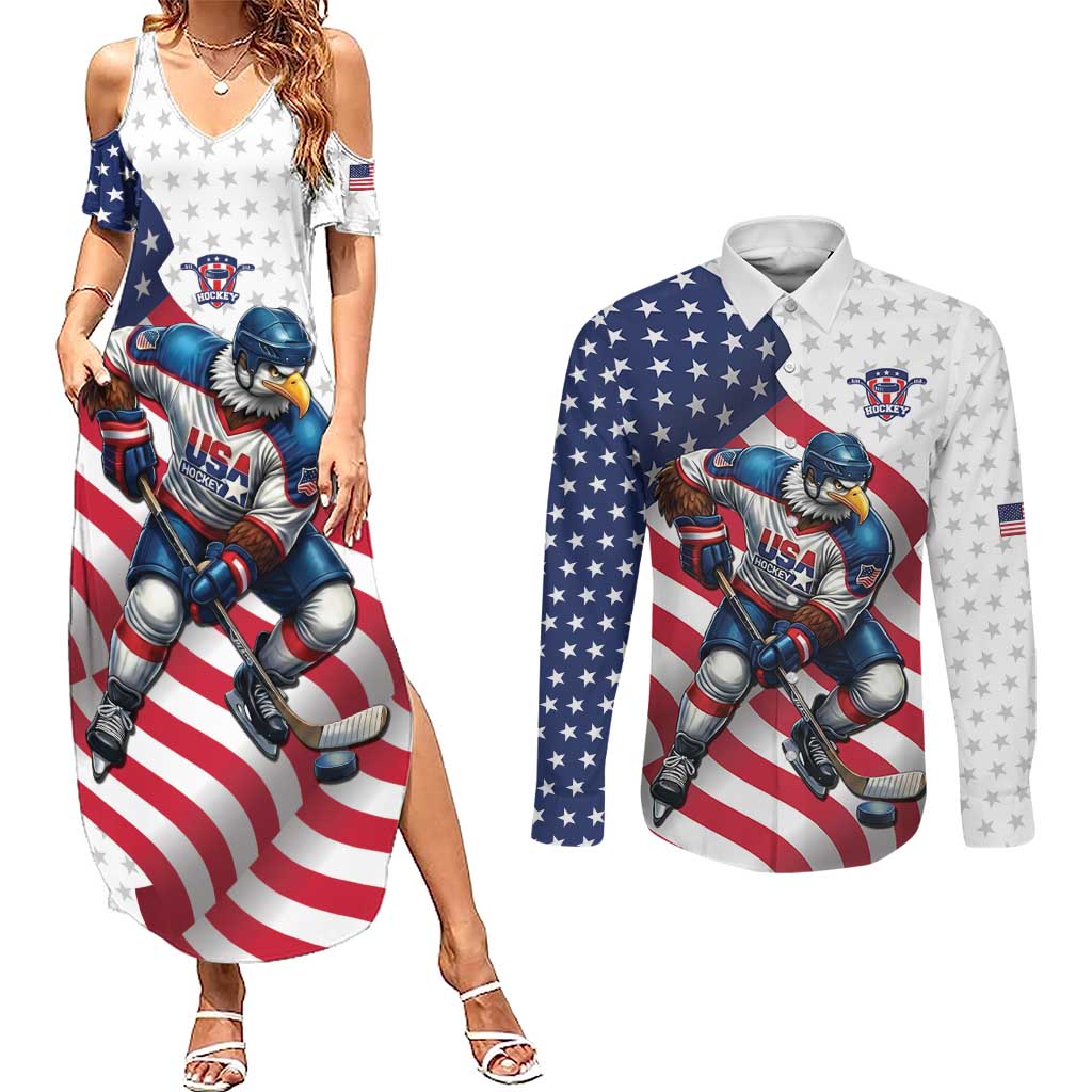 Custom USA Ice Hockey Couples Matching Summer Maxi Dress and Long Sleeve Button Shirt Eagle Mascot Stars and Stripes Design