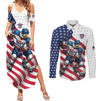 Custom USA Ice Hockey Couples Matching Summer Maxi Dress and Long Sleeve Button Shirt Eagle Mascot Stars and Stripes Design