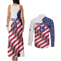 Custom USA Ice Hockey Couples Matching Tank Maxi Dress and Long Sleeve Button Shirt Eagle Mascot Stars and Stripes Design