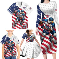 Custom USA Ice Hockey Family Matching Long Sleeve Bodycon Dress and Hawaiian Shirt Eagle Mascot Stars and Stripes Design