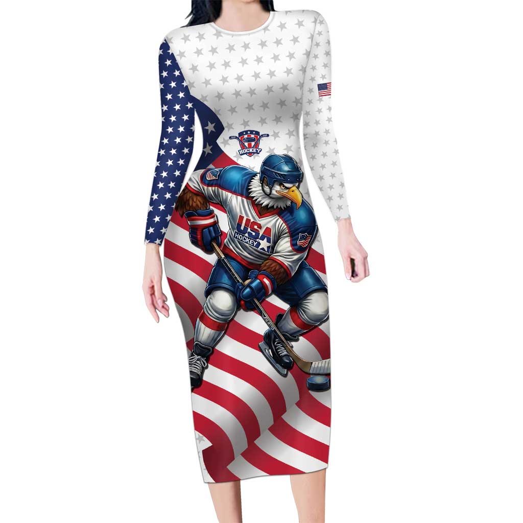 Custom USA Ice Hockey Family Matching Long Sleeve Bodycon Dress and Hawaiian Shirt Eagle Mascot Stars and Stripes Design