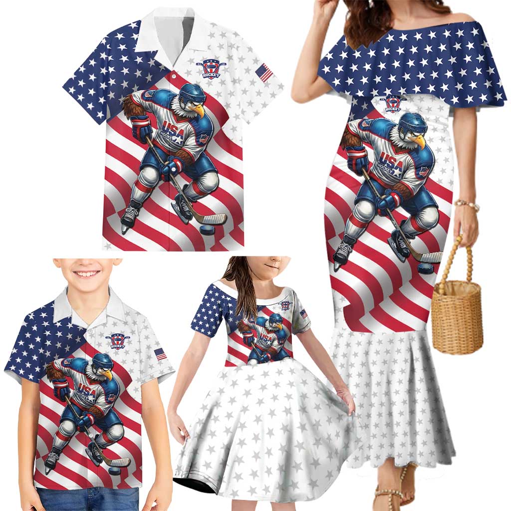 Custom USA Ice Hockey Family Matching Mermaid Dress and Hawaiian Shirt Eagle Mascot Stars and Stripes Design
