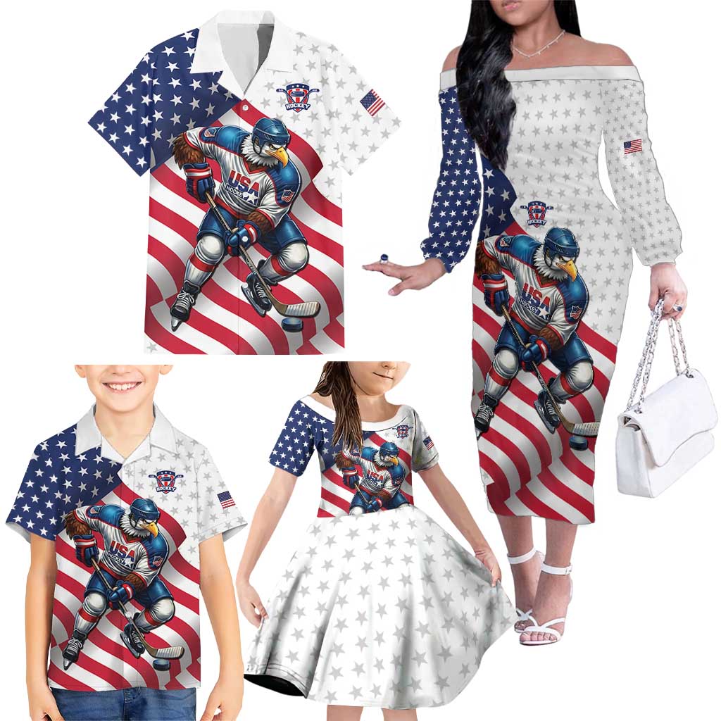 Custom USA Ice Hockey Family Matching Off The Shoulder Long Sleeve Dress and Hawaiian Shirt Eagle Mascot Stars and Stripes Design