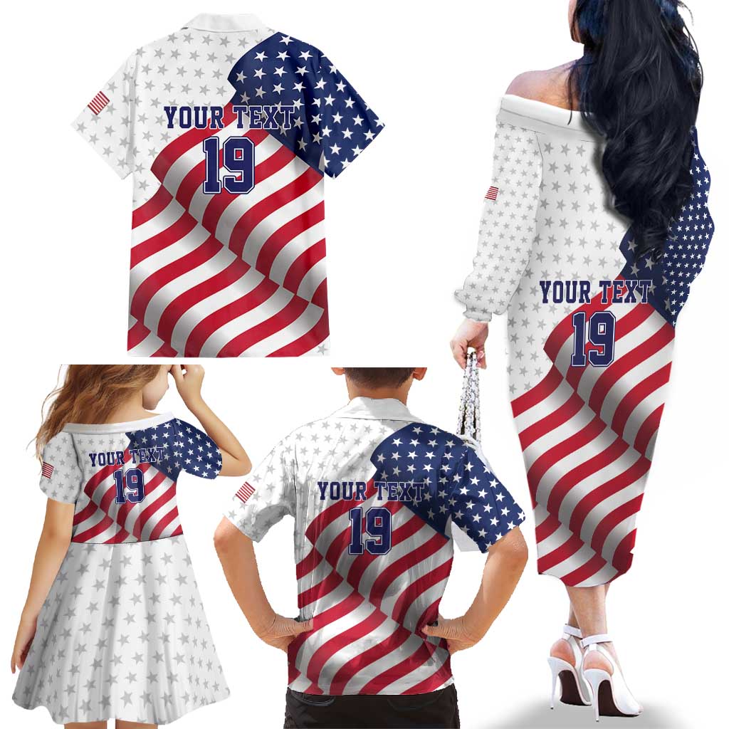 Custom USA Ice Hockey Family Matching Off The Shoulder Long Sleeve Dress and Hawaiian Shirt Eagle Mascot Stars and Stripes Design