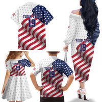 Custom USA Ice Hockey Family Matching Off The Shoulder Long Sleeve Dress and Hawaiian Shirt Eagle Mascot Stars and Stripes Design