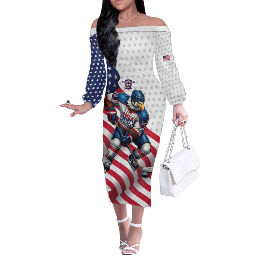 Custom USA Ice Hockey Family Matching Off The Shoulder Long Sleeve Dress and Hawaiian Shirt Eagle Mascot Stars and Stripes Design