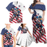 Custom USA Ice Hockey Family Matching Off Shoulder Maxi Dress and Hawaiian Shirt Eagle Mascot Stars and Stripes Design