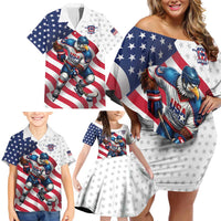 Custom USA Ice Hockey Family Matching Off Shoulder Short Dress and Hawaiian Shirt Eagle Mascot Stars and Stripes Design